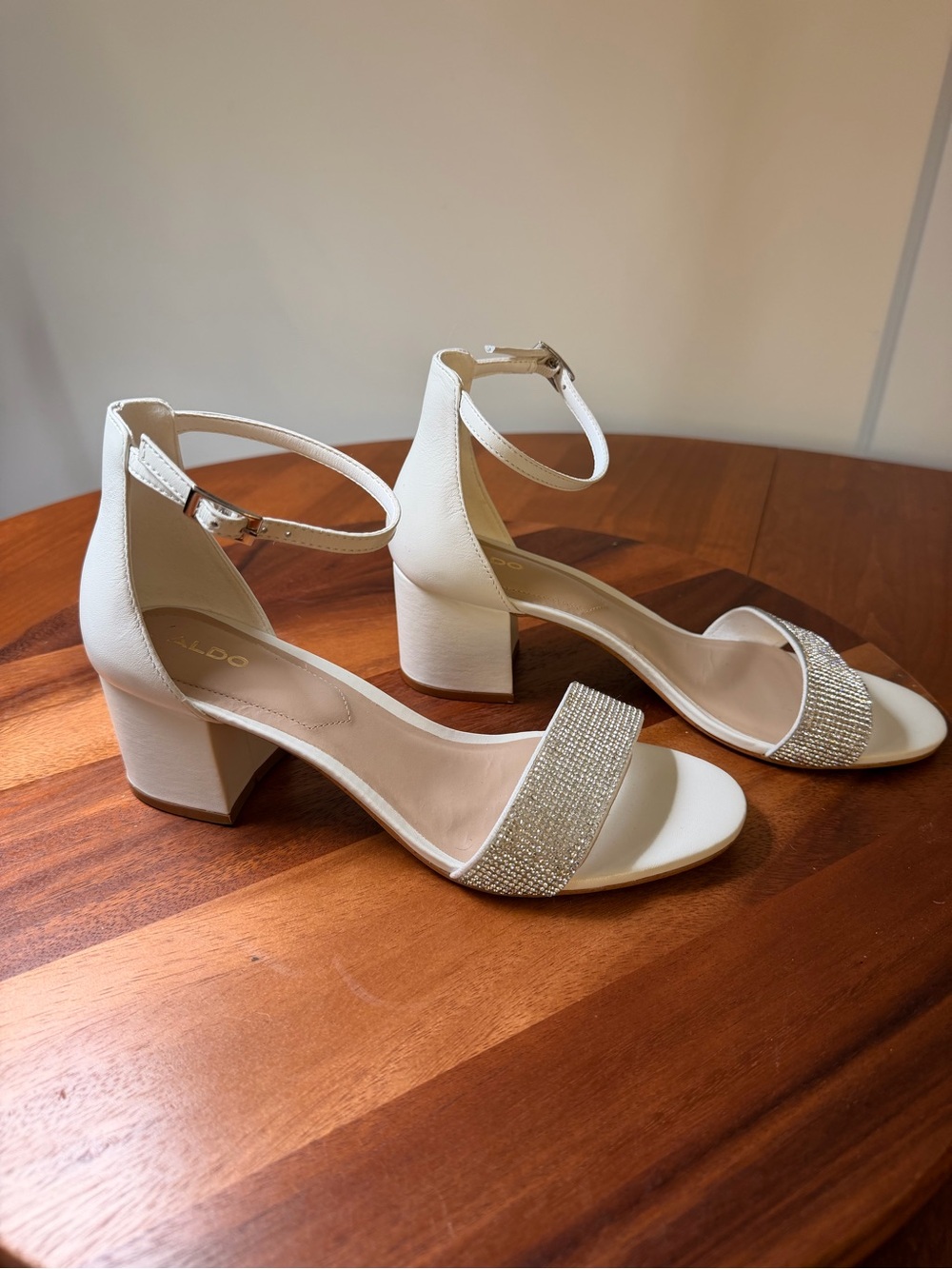 ALDO White Block Heel Sandals with Rhinestone Strap